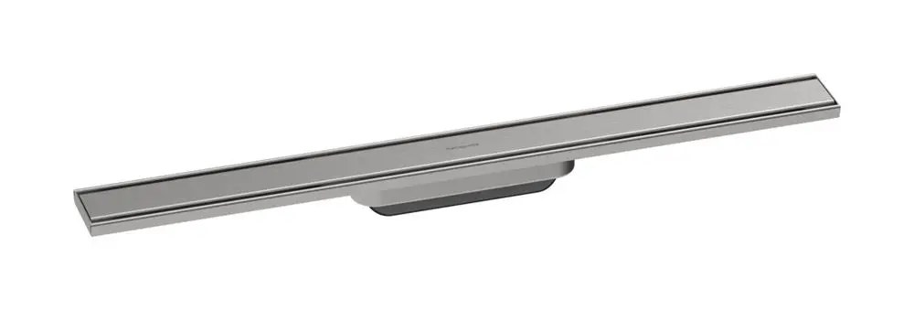Duschrinne aus Edelstahl mit gebürsteter Oberfläche, konzipiert für die Montage im Badezimmer. Produkt von Hansgrohe für moderne Duschbereiche.